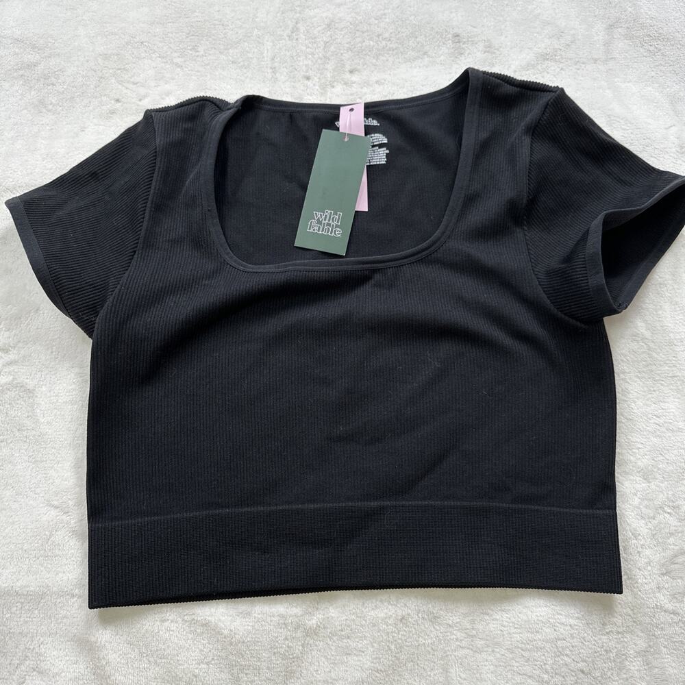 Wild Fable Crop Top Women’s Size Large Black Ribbed Scoop Neck‎ Short Sleeve Y2K - Picture 6 of 11
